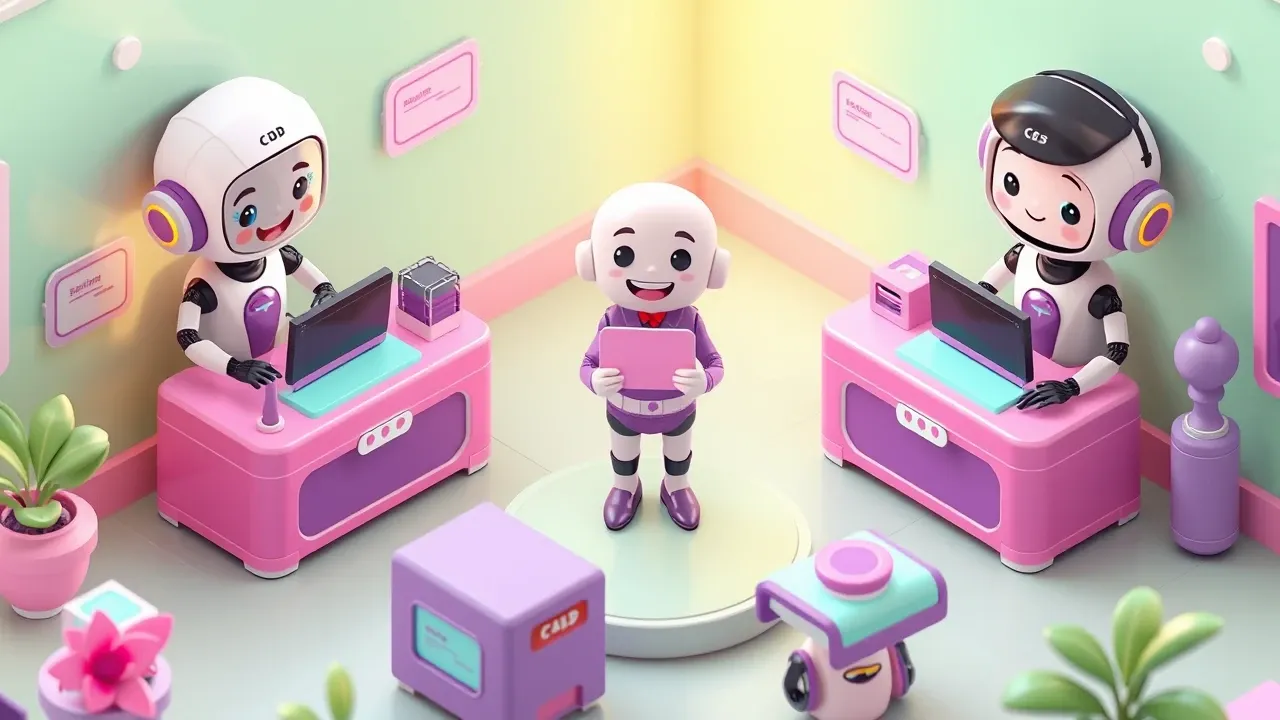 Diorama isometrico de um cliente unico sendo reconhecido em tres balcoes diferentes que compartilham a mesma ficha de memoria flutuante, atendentes e robos sorrindo com a informacao na mao, paleta verde-menta e violeta com luz quente