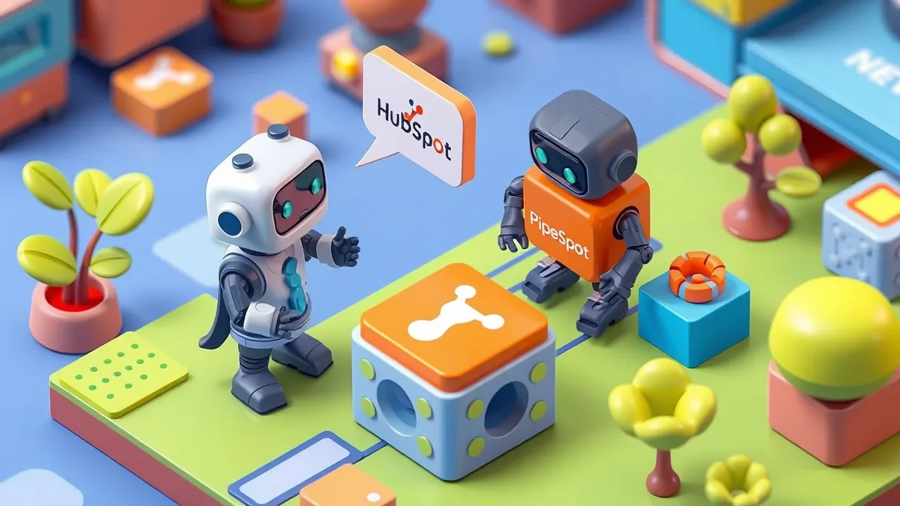 Diorama isometrico de uma gestora descrevendo um fluxo para um robo que se conecta sozinho ao HubSpot e ao Pipedrive, blocos de integracao se encaixando sem fios complicados, paleta verde-limao e indigo