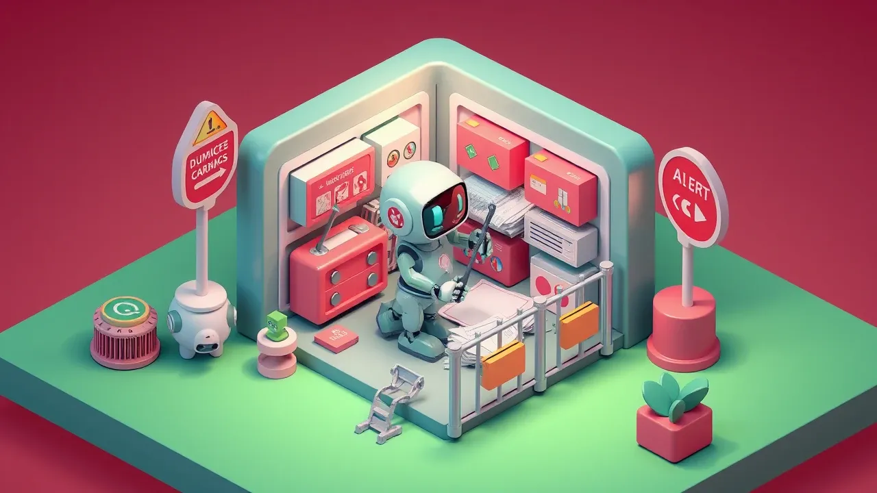 Diorama isometrico de um robo corrigindo cards duplicados e dados baguncados em um CRM enquanto uma cerca de governanca protege o acesso, sinais de alerta virando sinais verdes, paleta vermelho-suave e esmeralda
