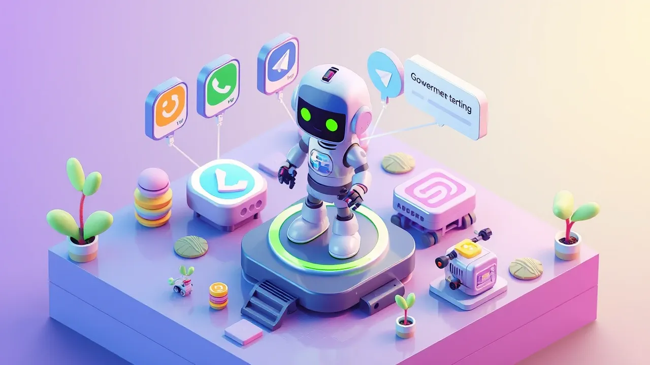 Diorama isometrico de uma pessoa conectando icones de WhatsApp Telegram site e Instagram a um hub central conversando com um robo, fios se ligando sozinhos, um agente de IA unico atendendo todos os canais com escudo de governanca ao redor, paleta violeta e verde-limao