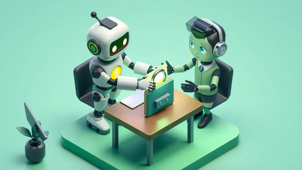 Robô recrutador e uma recrutadora humana apertando as mãos sobre uma mesa com uma pasta protegida por cadeado, simbolizando decisão compartilhada e proteção de dados, paleta verde e grafite