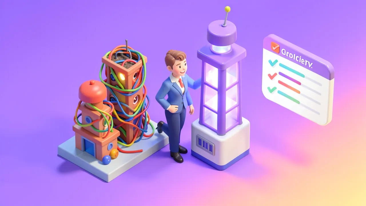 Diorama isometrico de um dono de empresa confiante escolhendo entre duas torres, uma pequena de fios coloridos e outra alta e brilhante em violeta, lista de checklist flutuando ao lado, paleta violeta e nascer do sol