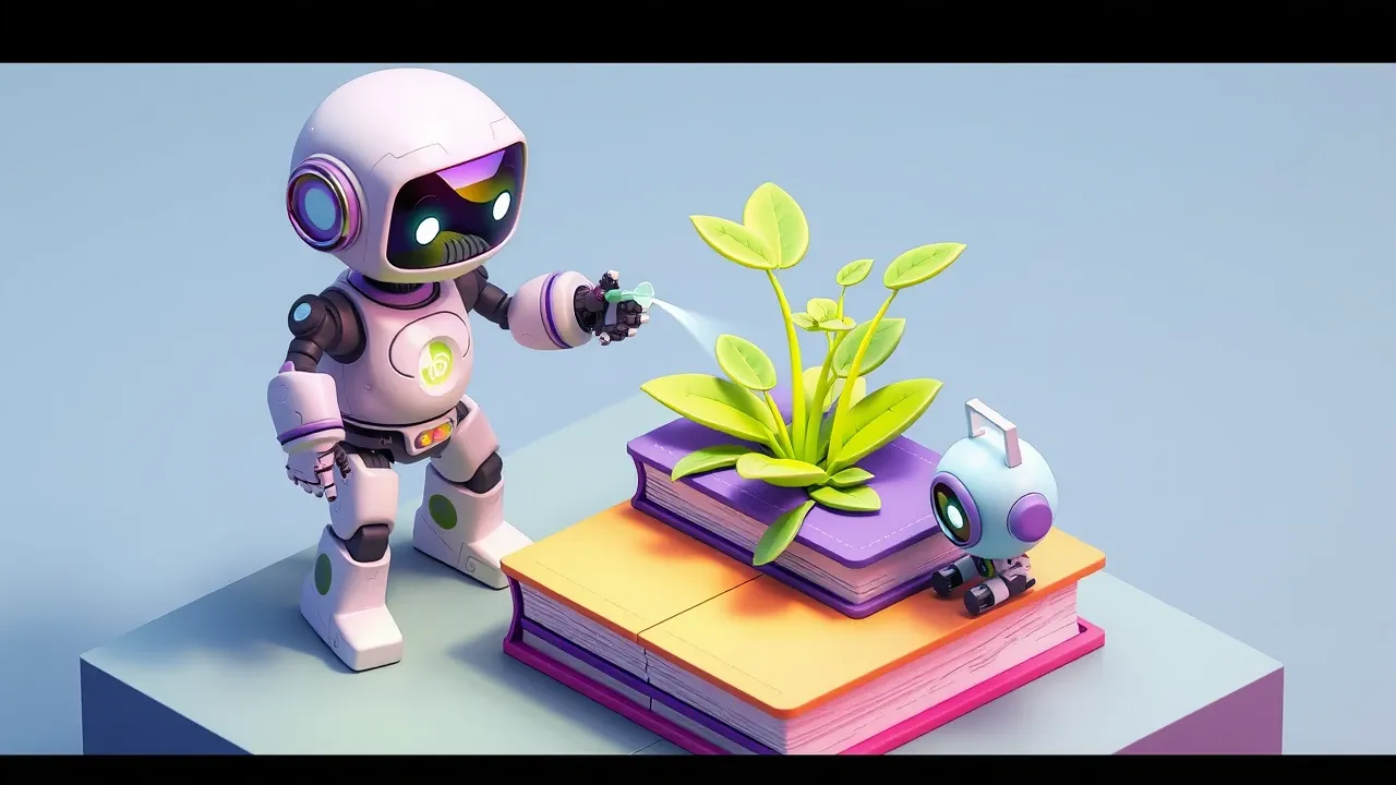 Robo regando uma planta que cresce a partir de livros, enquanto detecta lacunas e adiciona novas folhas de conhecimento automaticamente, paleta verde-limao e violeta