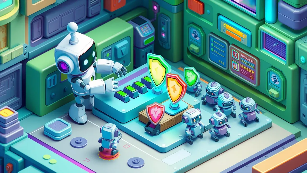 Diorama isométrico de um robô engenheiro deslizando interruptores grandes e amigáveis num painel central, ativando escudos coloridos que cobrem vários agentes de uma vez