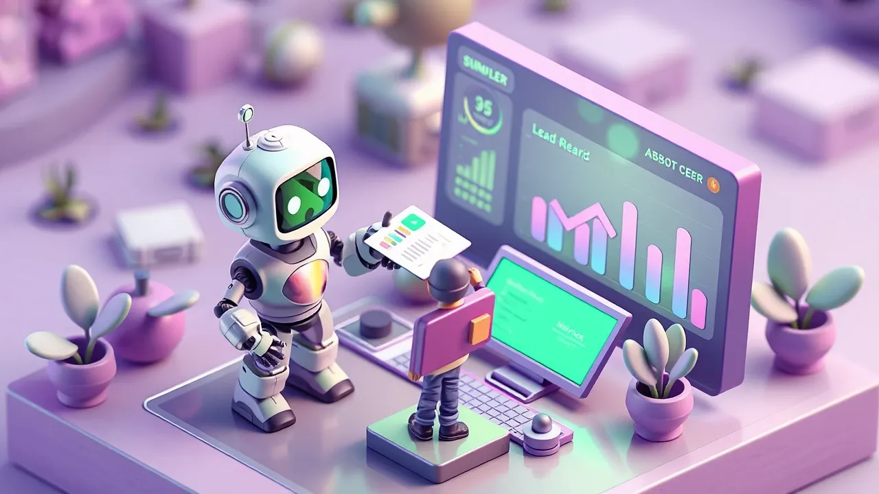 Robô passando um cartão de lead resumido para um vendedor humano através de um painel de CRM aceso, com gráficos de métricas subindo ao fundo, paleta verde e violeta