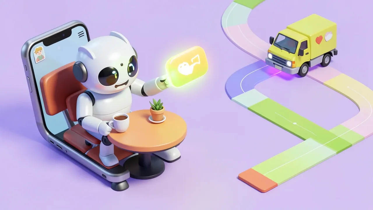 Robo enviando uma notificacao brilhante para o celular de uma pessoa relaxada tomando cafe, um caminhao miniatura se movendo numa linha do tempo ao fundo, paleta lilas e verde-lima
