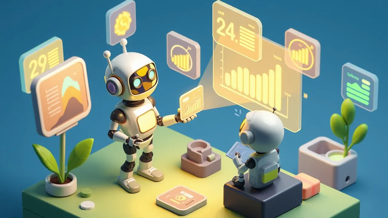 Robo projetando graficos e numeros no ar a partir de uma pergunta falada por uma gestora, varios paineis flutuando ao redor, paleta indigo e verde-limao