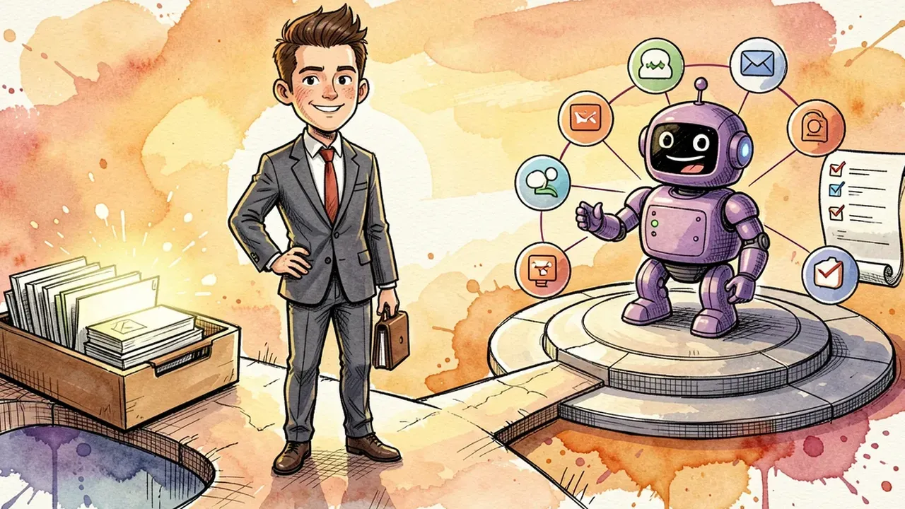 Confident business owner standing between two platforms, an organized inbox and a circular hub connected to several channels with a robot at the center, checklist floating nearby, sunrise-toned watercolor