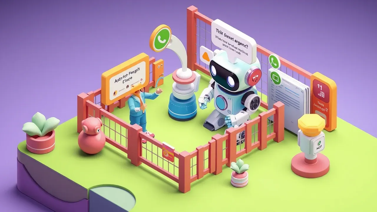 Diorama isometrico de uma pessoa montando um agente de atendimento conversando com um robo que se conecta sozinho ao WhatsApp e a base de conhecimento, dentro de uma cerca de governanca com escudos e registro de auditoria, paleta violeta e verde-limao