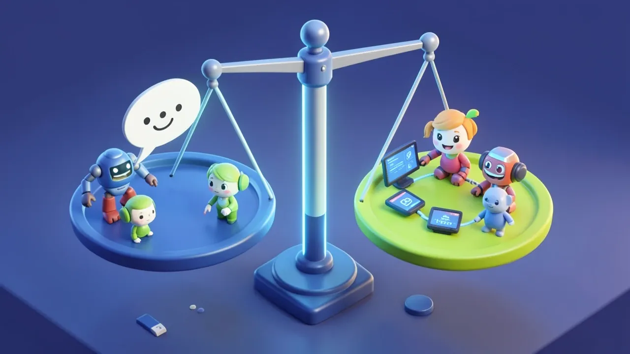 Diorama isométrico de uma balança dividindo dois cenários, de um lado um balão de pergunta simples, do outro uma cadeia de tarefas conectadas a sistemas, paleta índigo e limão