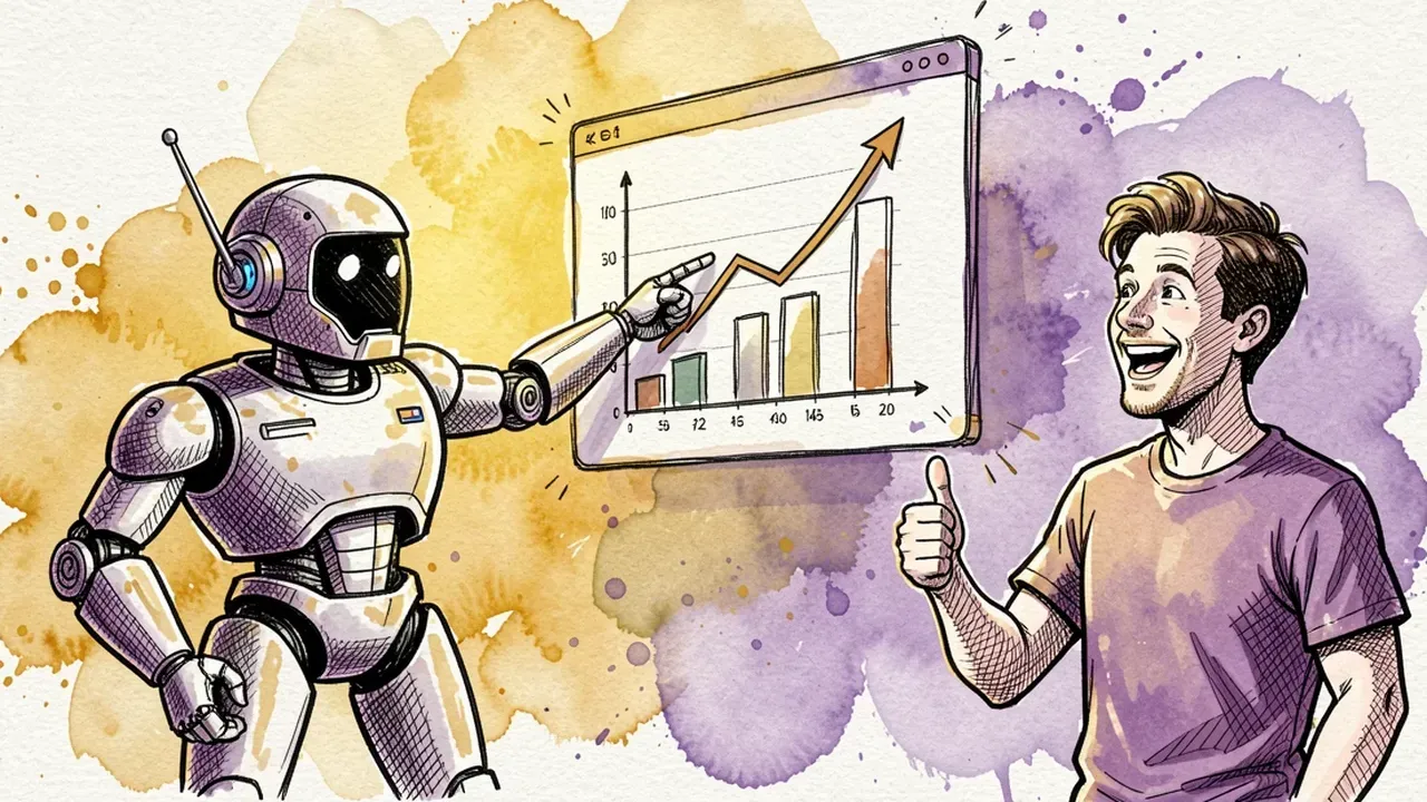 Robô agente apontando para um gráfico ascendente numa tela flutuante enquanto um cliente sorridente faz sinal de positivo, ilustração em aquarela