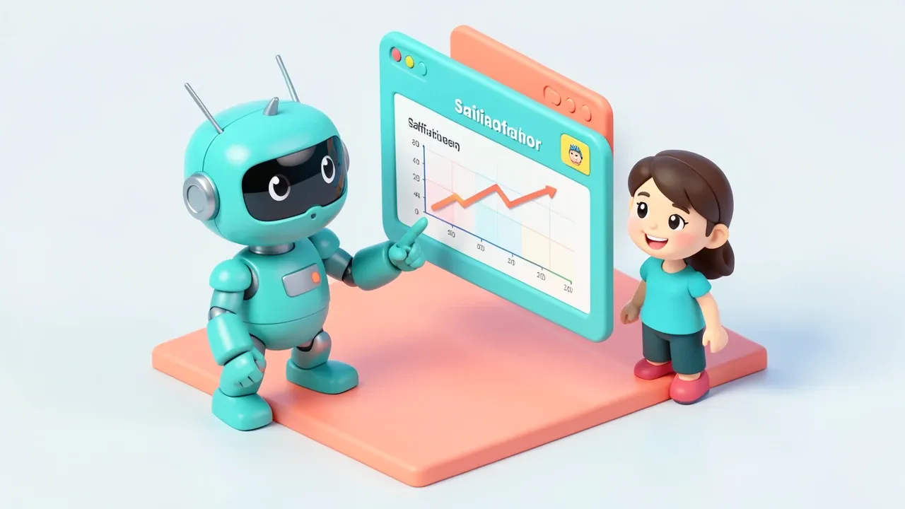 Robo apontando para paineis flutuantes com graficos de tempo de resposta caindo e satisfacao subindo, uma pessoa observando satisfeita ao lado, paleta turquesa e coral