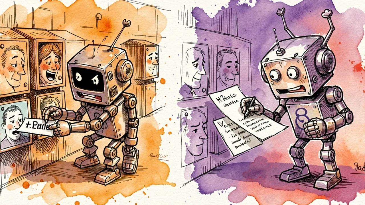 Robô confuso enviando a mesma carta idêntica para vários personagens diferentes, enquanto ao lado outro robô escreve cartas distintas olhando pra cada perfil, aquarela laranja e violeta