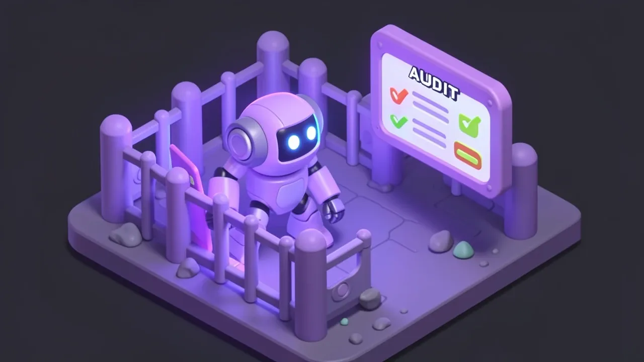 Diorama isométrico de um robô agente trabalhando dentro de uma cerca luminosa com um painel de auditoria flutuante ao lado, paleta roxo de marca e cinza-escuro