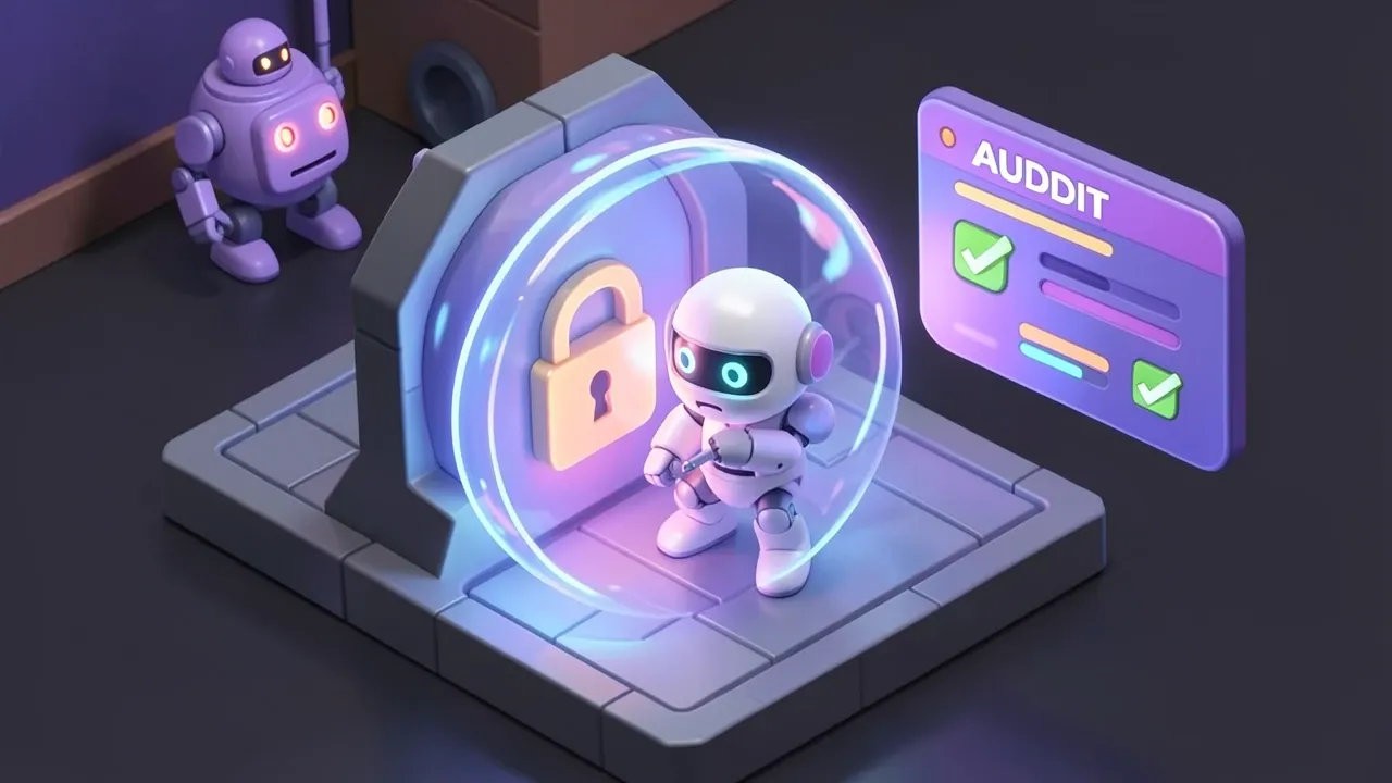 Diorama isométrico de um robô agente trabalhando dentro de um cofre translúcido com um cadeado e um painel de auditoria ao lado, paleta roxo de marca e cinza-escuro