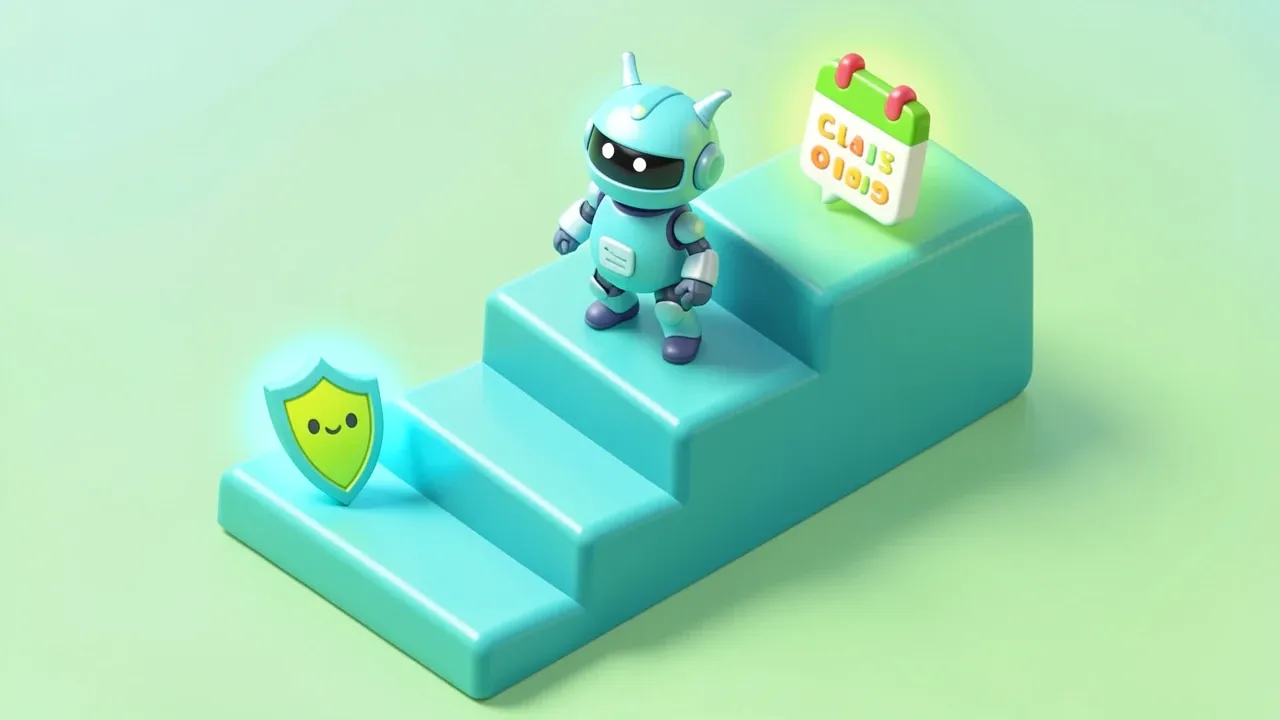 Diorama isométrico de três degraus crescentes com um robô agente subindo, cada degrau com um ícone diferente, WhatsApp, calendário de renovação e um escudo de sinistro, paleta turquesa e limão