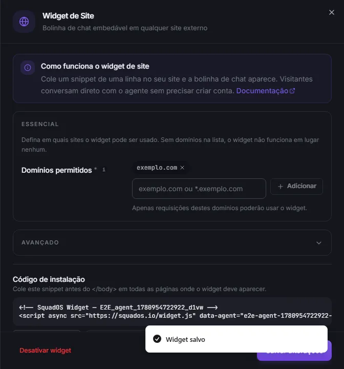 Modal do widget com a seção Essencial (domínios permitidos) e o bloco Código de instalação